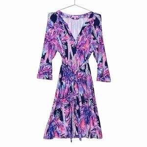 Lilly Pulitzer Bailor Shirt Dress Womens Large Blue Pink Tropical Palm Belted
